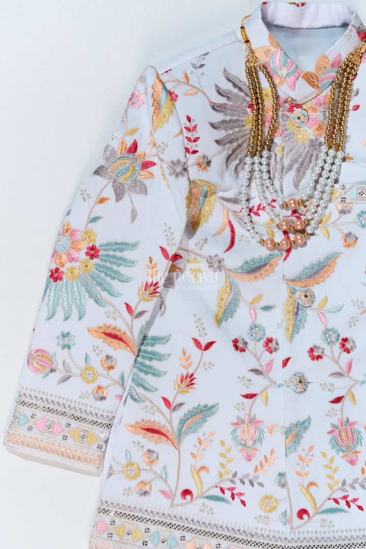 Boys Designer Kurtha with Embroidered Floral Patterns and Matching Pants for Special Occasions