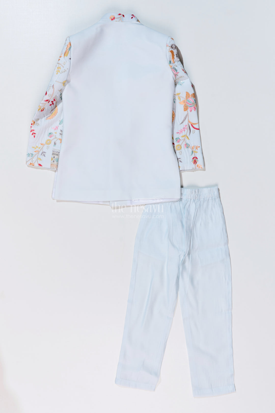 Boys Designer Kurtha with Embroidered Floral Patterns and Matching Pants for Special Occasions