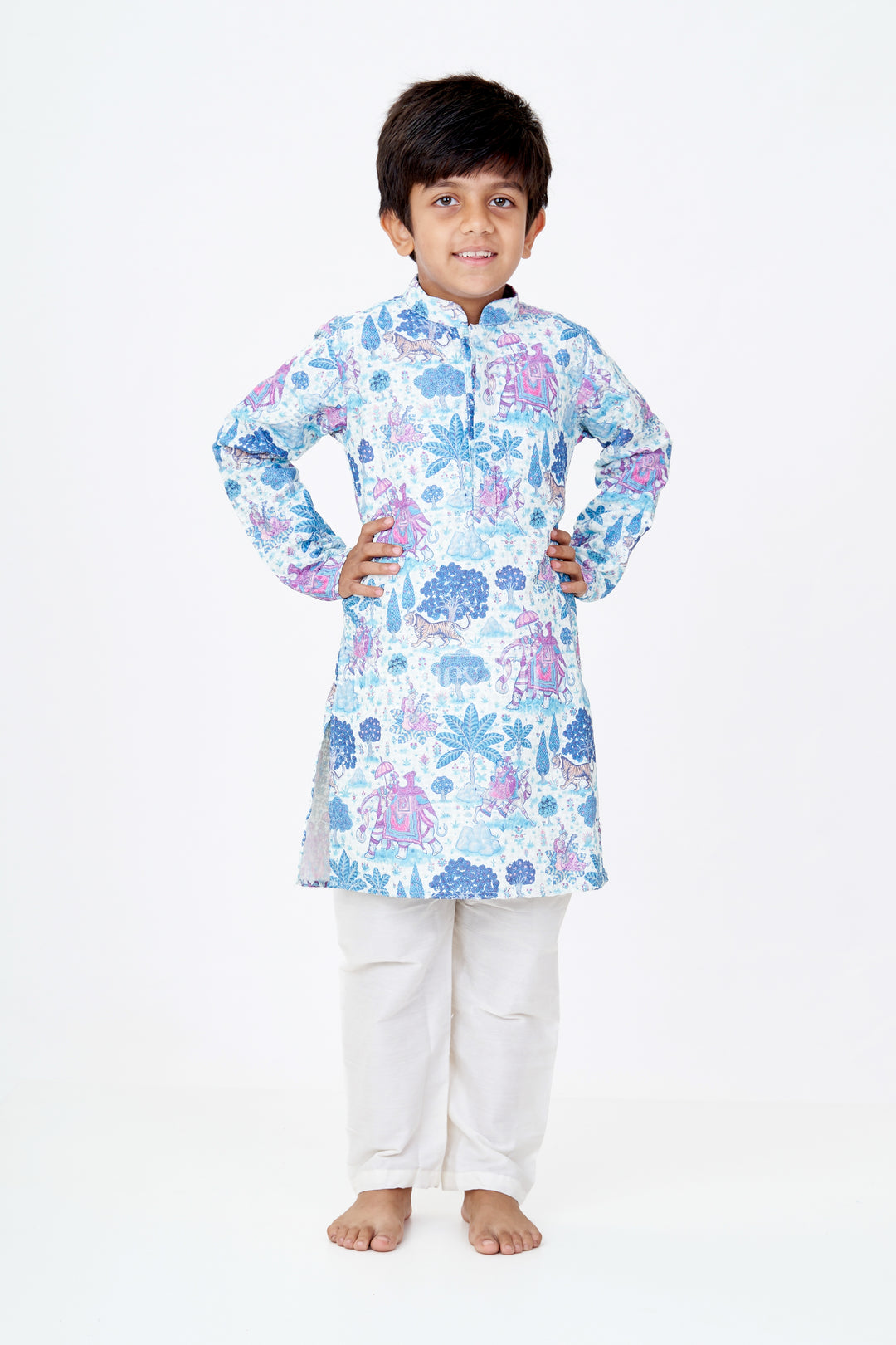 Stylish Boys Blue Printed Kurta Set with Story Digital Print and Embroidered Detailing