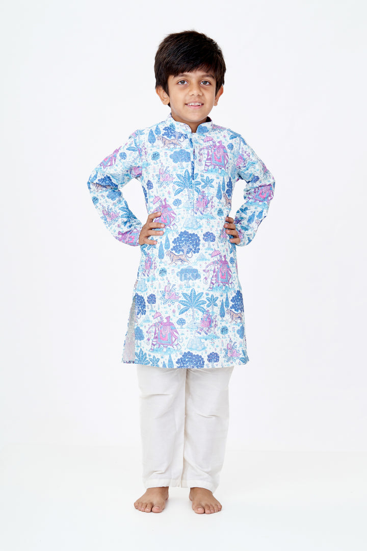 Stylish Boys Blue Printed Kurta Set with Story Digital Print and Embroidered Detailing