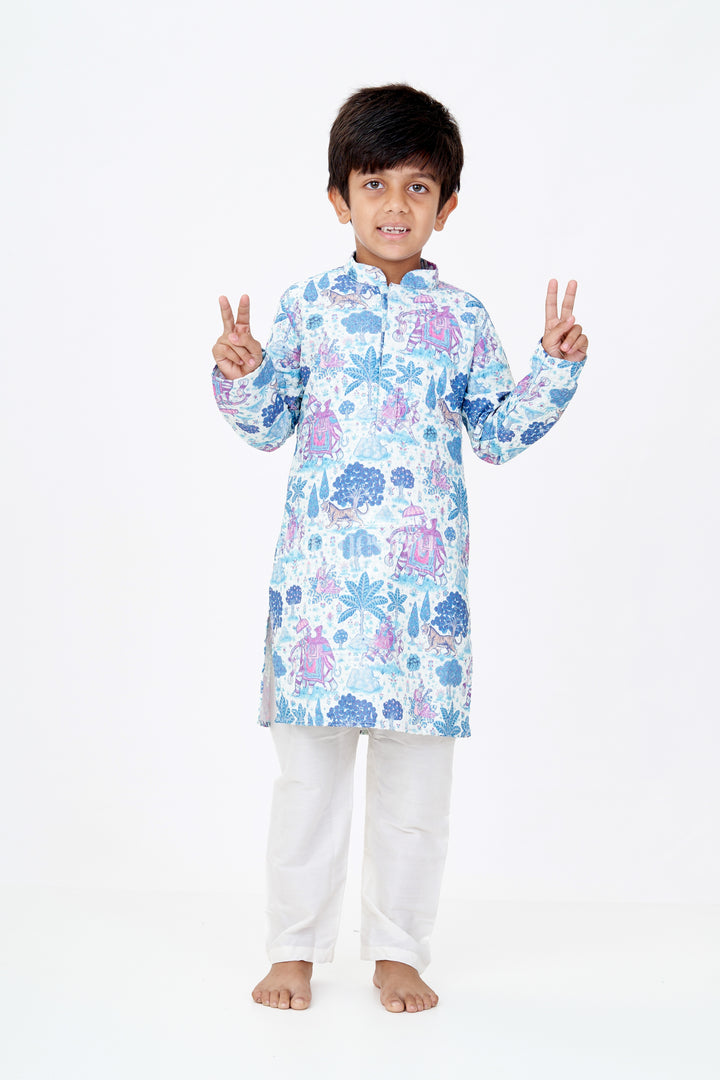 Stylish Boys Blue Printed Kurta Set with Story Digital Print and Embroidered Detailing