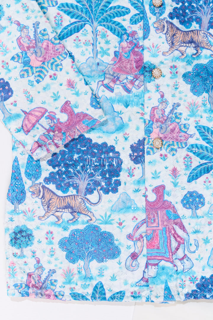 Stylish Boys Blue Printed Kurta Set with Story Digital Print and Embroidered Detailing