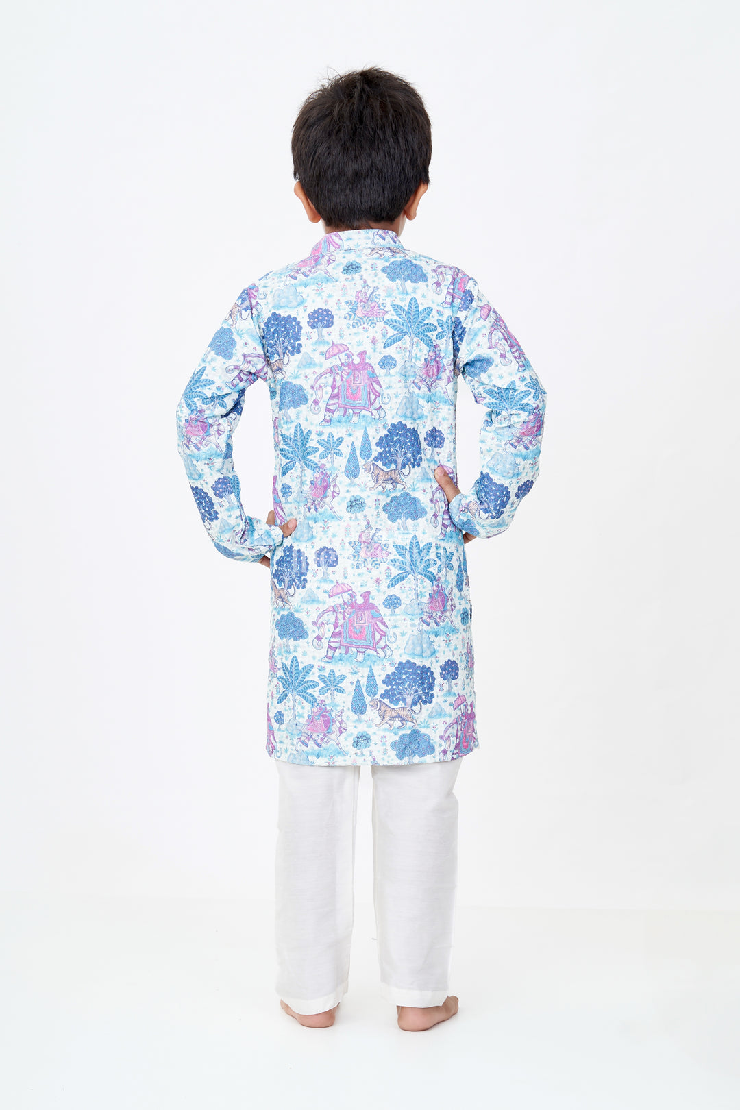 Stylish Boys Blue Printed Kurta Set with Story Digital Print and Embroidered Detailing