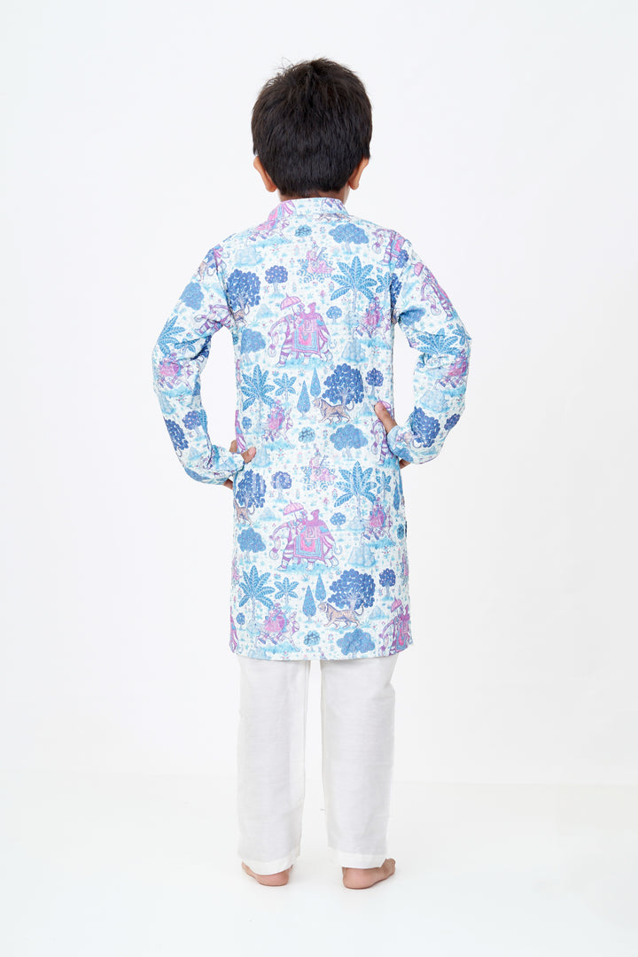 Stylish Boys Blue Printed Kurta Set with Story Digital Print and Embroidered Detailing