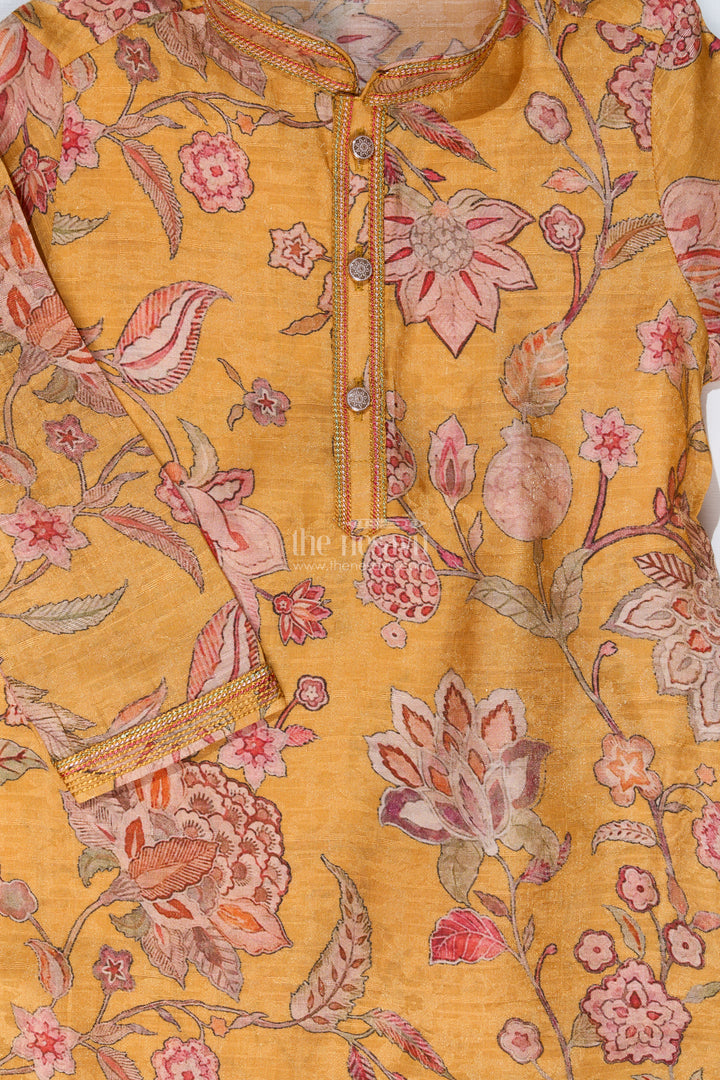 Traditional Boys Printed Kurta Set in Designer Shimmer Fabric with Floral Motifs
