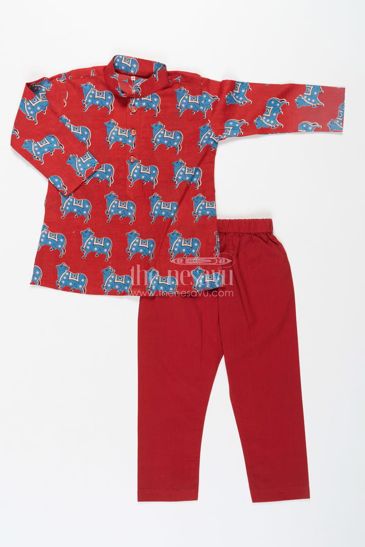 Boys Pichwai Cotton Kurta with Traditional Block Prints and Matching Pants in Red