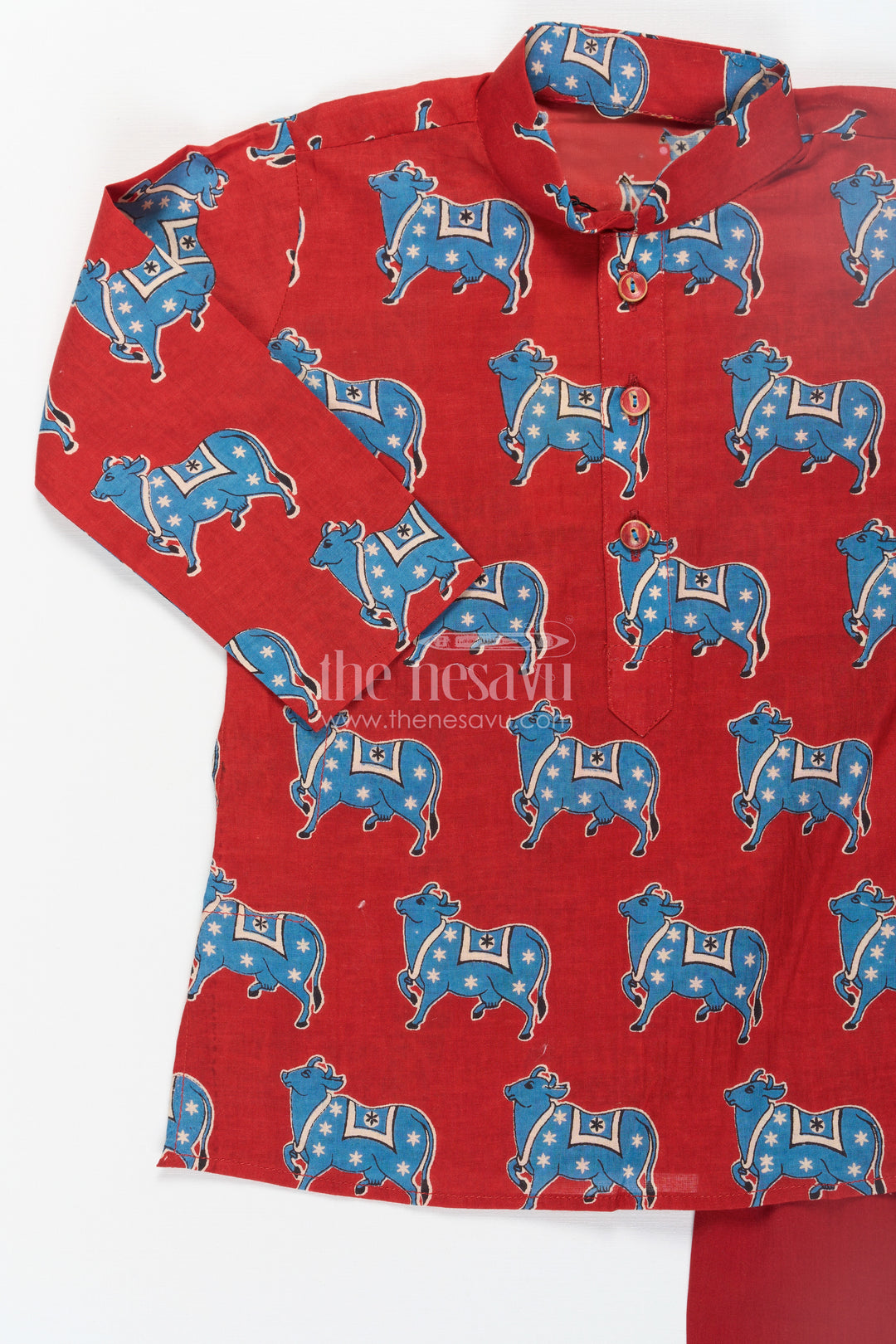 Boys Pichwai Cotton Kurta with Traditional Block Prints and Matching Pants in Red