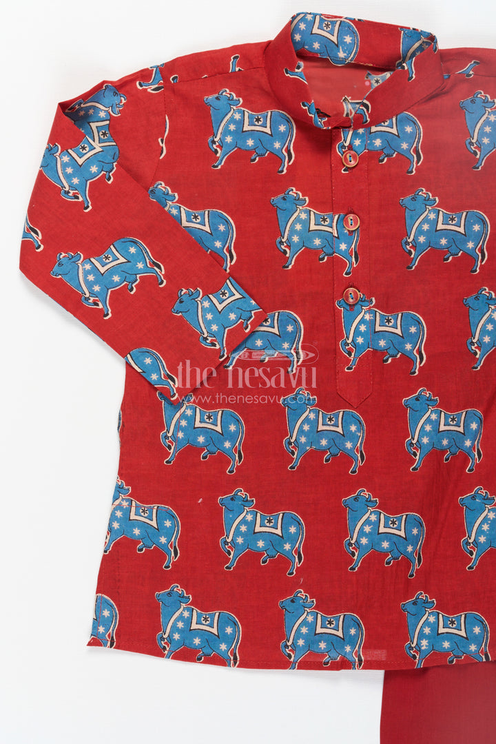 Boys Pichwai Cotton Kurta with Traditional Block Prints and Matching Pants in Red