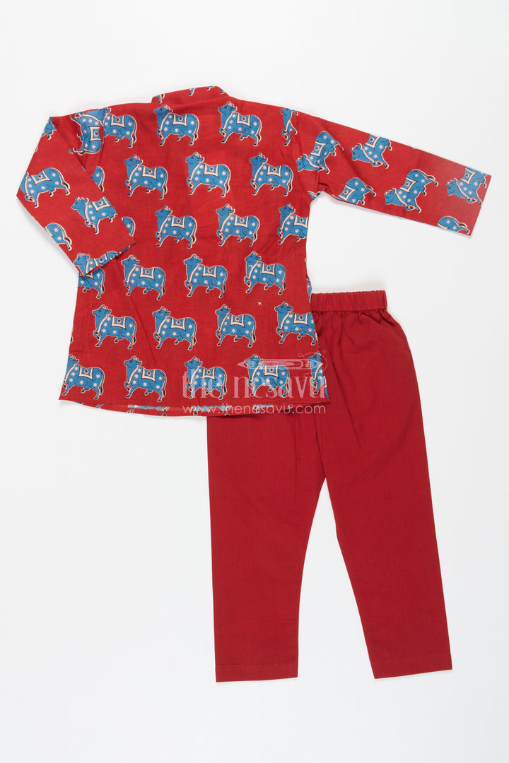 Boys Pichwai Cotton Kurta with Traditional Block Prints and Matching Pants in Red