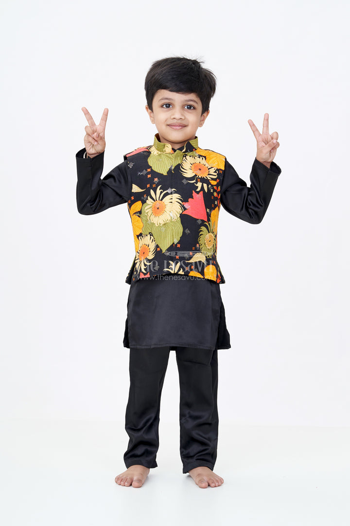 Boys Black Kurtha with Vibrant Floral Printed Jacket and Viscose Silk Blend Fabric