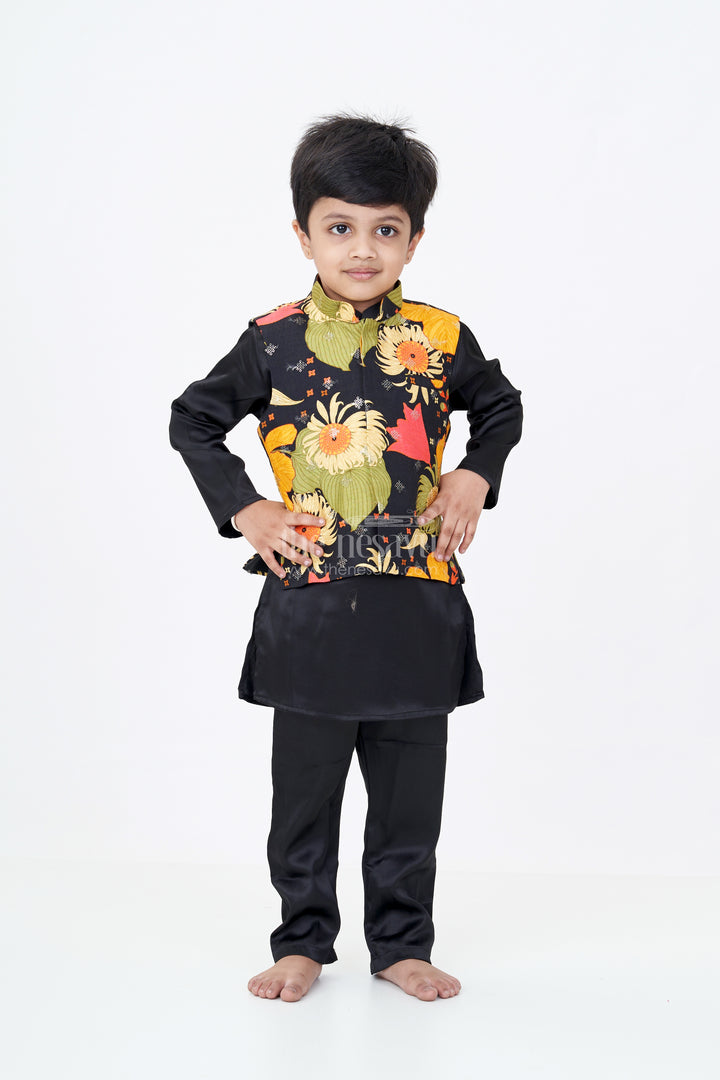 Boys Black Kurtha with Vibrant Floral Printed Jacket and Viscose Silk Blend Fabric