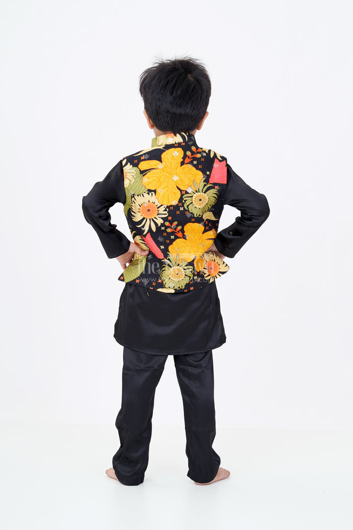 Boys Black Kurtha with Vibrant Floral Printed Jacket and Viscose Silk Blend Fabric