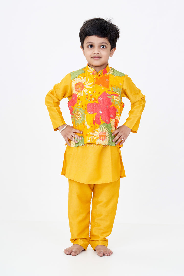 Boys Mustard Color Kurta Set with Floral Print Jacket and Sequin Embroidery in Viscose Blend Fabric