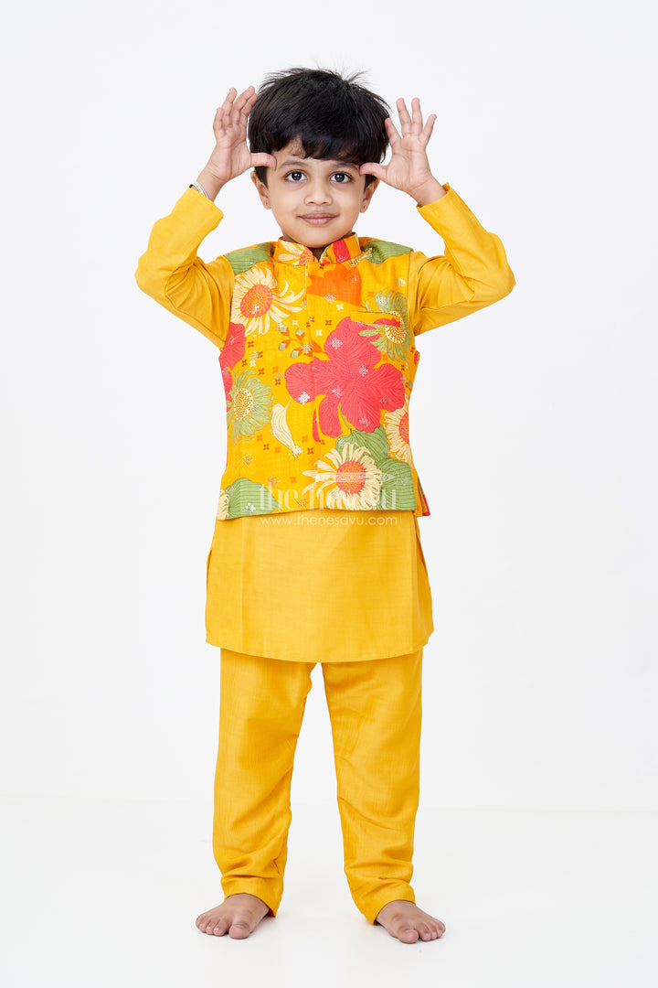 Boys Mustard Color Kurta Set with Floral Print Jacket and Sequin Embroidery in Viscose Blend Fabric