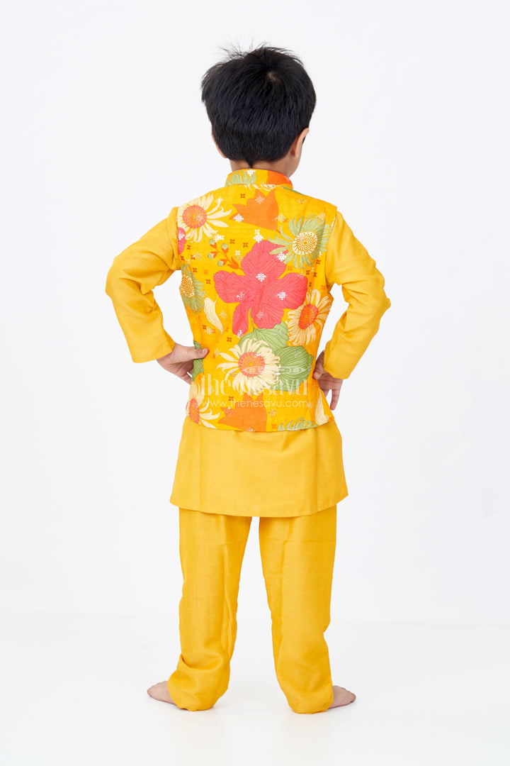 Boys Mustard Color Kurta Set with Floral Print Jacket and Sequin Embroidery in Viscose Blend Fabric