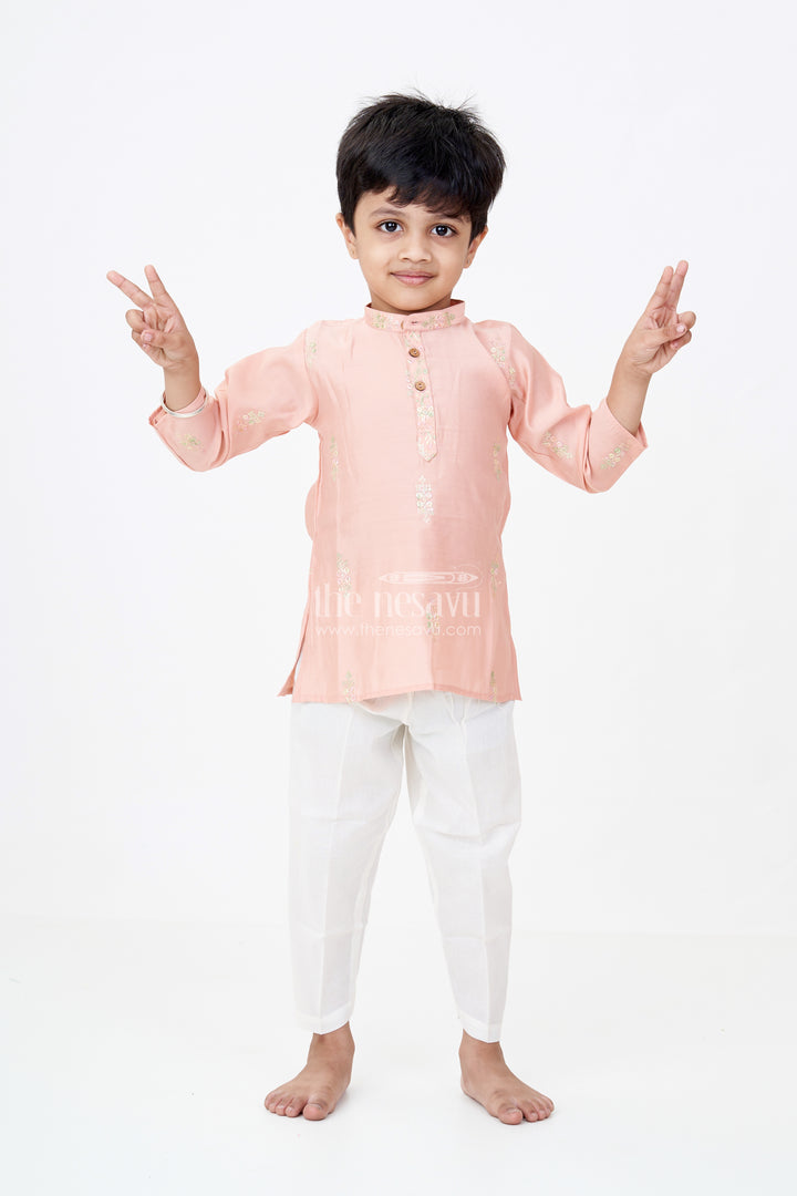 Boys Linen Blend New Kurta Pant Set with Subtle Embroidery and Mandarin Collar for Classic Style