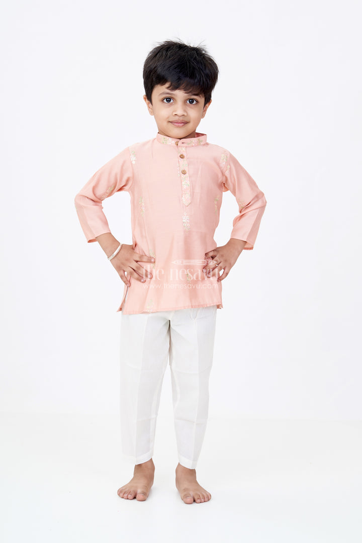 Boys Linen Blend New Kurta Pant Set with Subtle Embroidery and Mandarin Collar for Classic Style