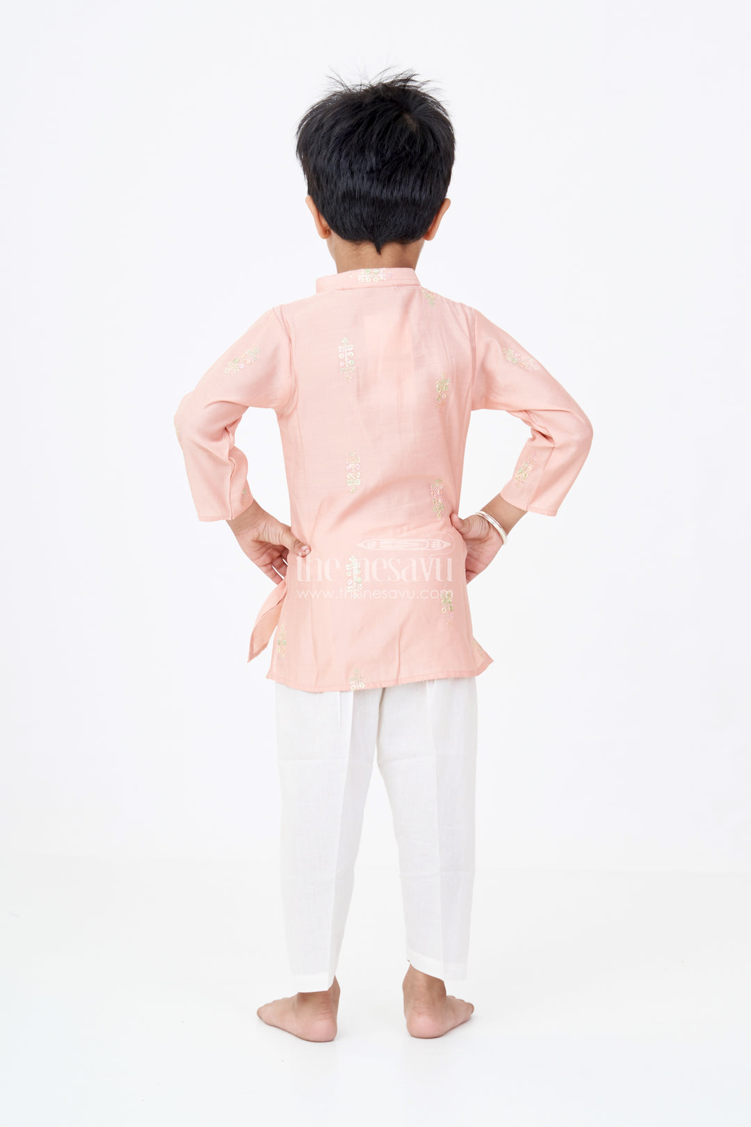 Boys Linen Blend New Kurta Pant Set with Subtle Embroidery and Mandarin Collar for Classic Style