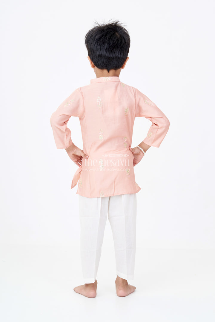 Boys Linen Blend New Kurta Pant Set with Subtle Embroidery and Mandarin Collar for Classic Style