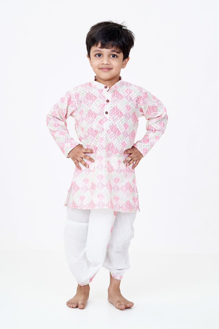 Boys Kurta with Dhoti Pants in Geometric Print Cotton Blend and Contrast White Bottoms