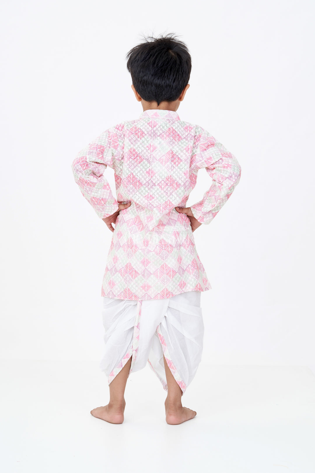 Boys Kurta with Dhoti Pants in Geometric Print Cotton Blend and Contrast White Bottoms