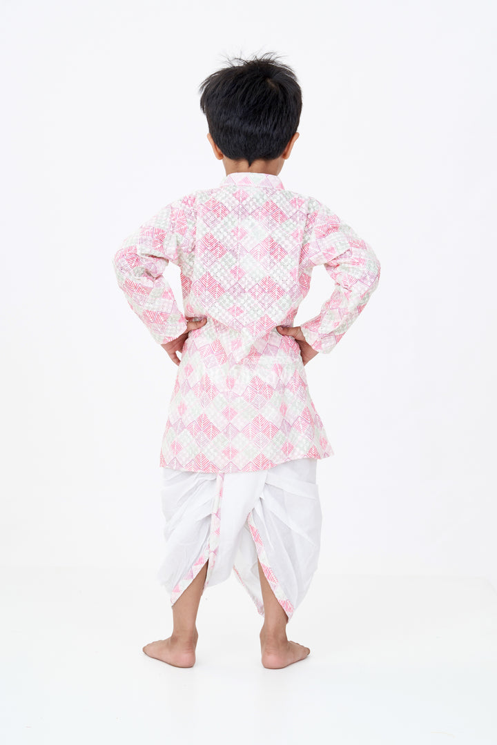 Boys Kurta with Dhoti Pants in Geometric Print Cotton Blend and Contrast White Bottoms