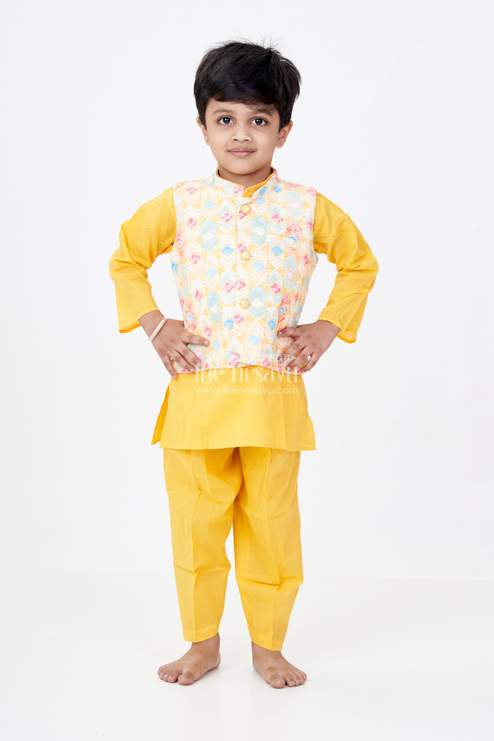 Boys Yellow Kurta Pant Set with Multicolor Printed Jacket in Elegant Festive Finish