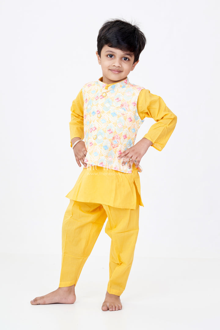 Boys Yellow Kurta Pant Set with Multicolor Printed Jacket in Elegant Festive Finish