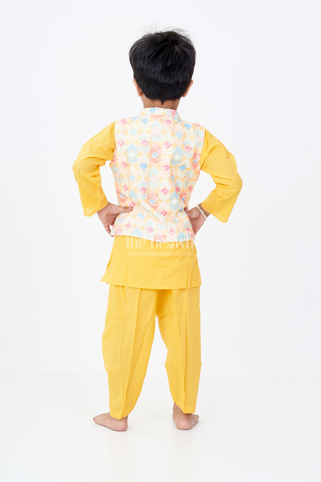Boys Yellow Kurta Pant Set with Multicolor Printed Jacket in Elegant Festive Finish