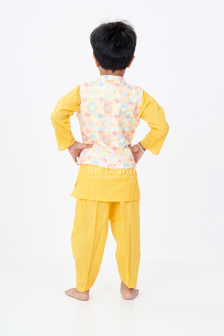 Boys Yellow Kurta Pant Set with Multicolor Printed Jacket in Elegant Festive Finish