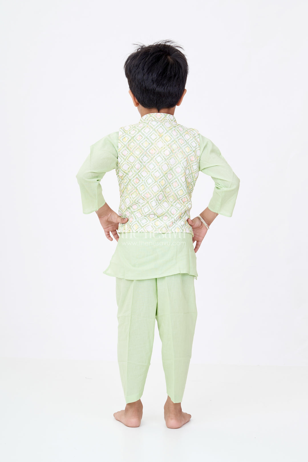 Boys Pista Green Kurta with Jacket Set in Silk Blend Featuring Geometric Festive Patterns