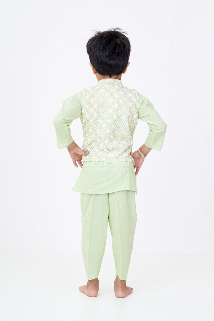 Boys Pista Green Kurta with Jacket Set in Silk Blend Featuring Geometric Festive Patterns