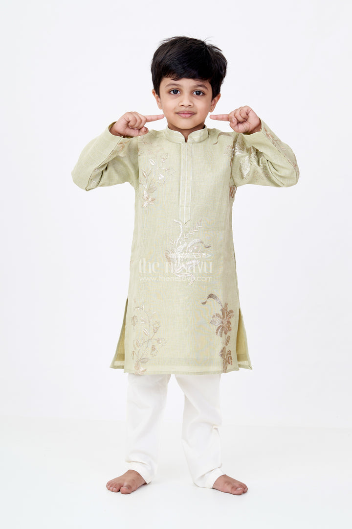 Boys Linen Blend Green Kurtha Set with Subtle Golden Embroidery and Cream Pants