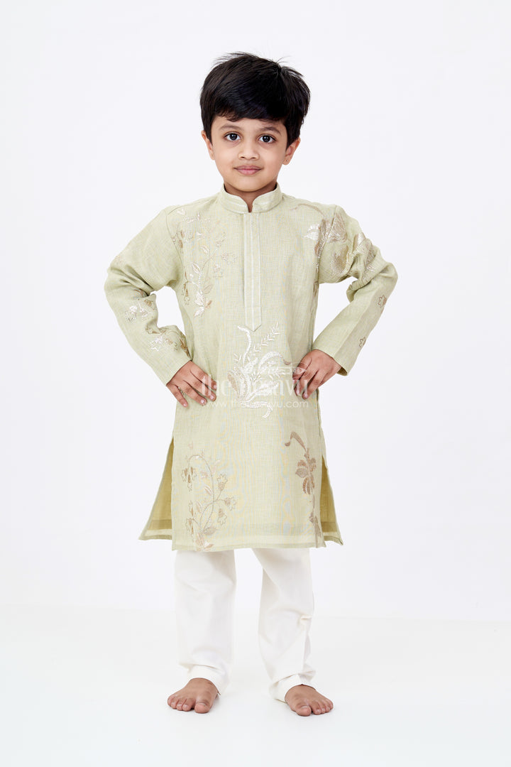 Boys Linen Blend Green Kurtha Set with Subtle Golden Embroidery and Cream Pants