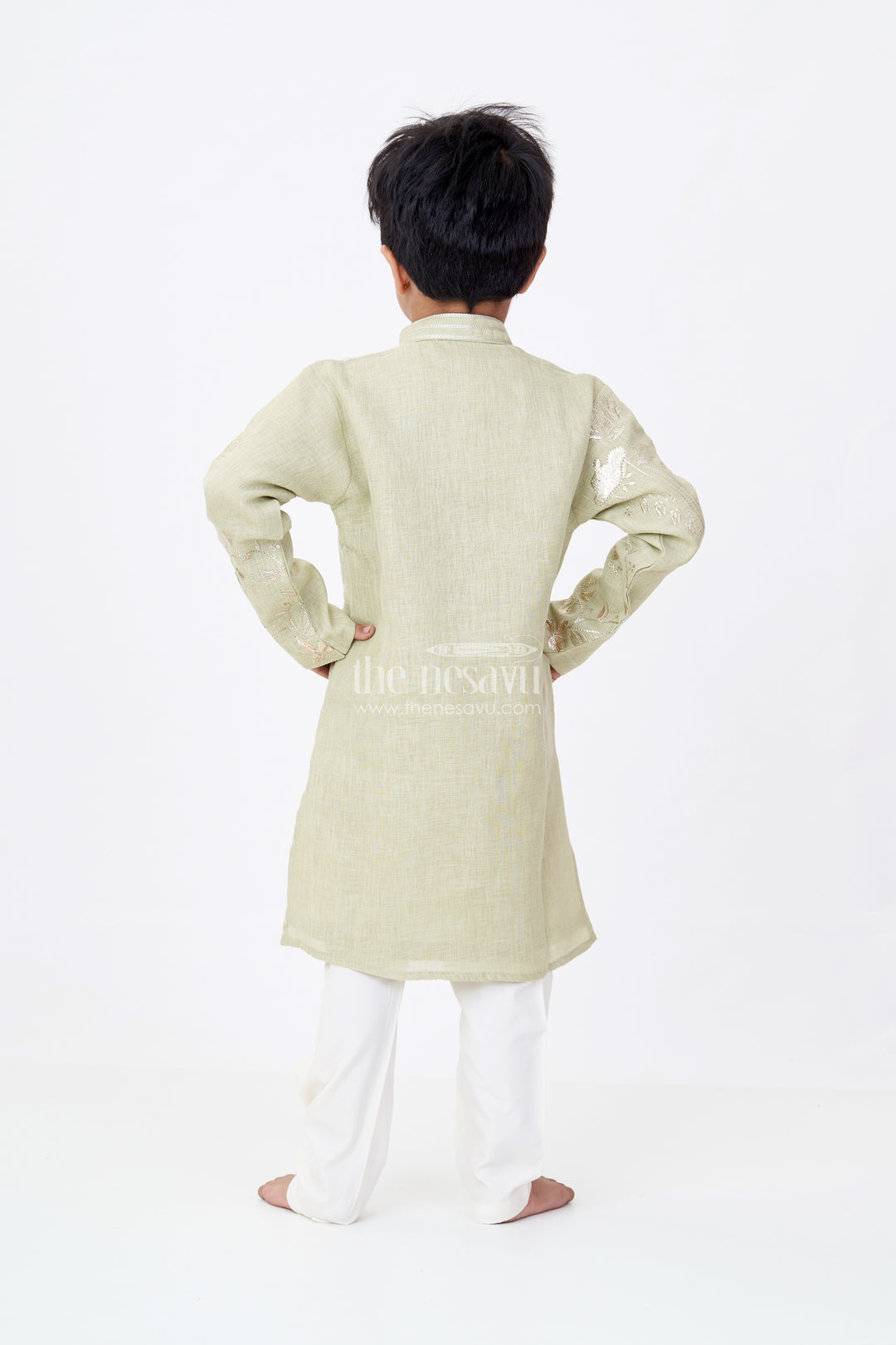 Boys Linen Blend Green Kurtha Set with Subtle Golden Embroidery and Cream Pants