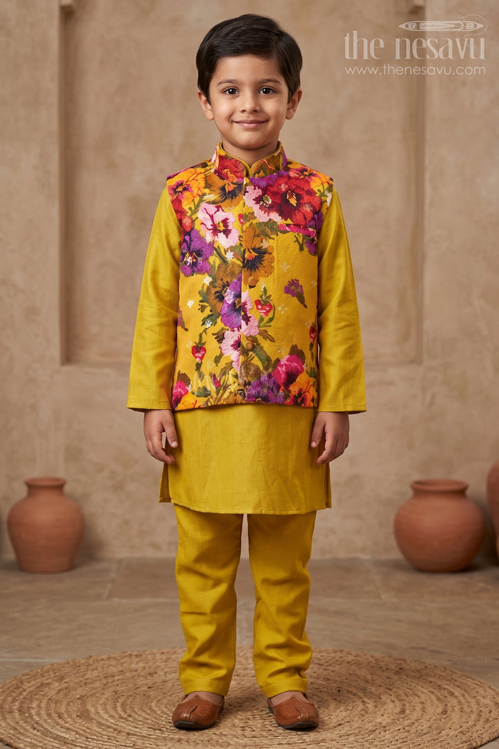 Boys Kurta Pajama and Jacket Set in Viscose Blend with Floral Digital Print and Embroidered Sequins