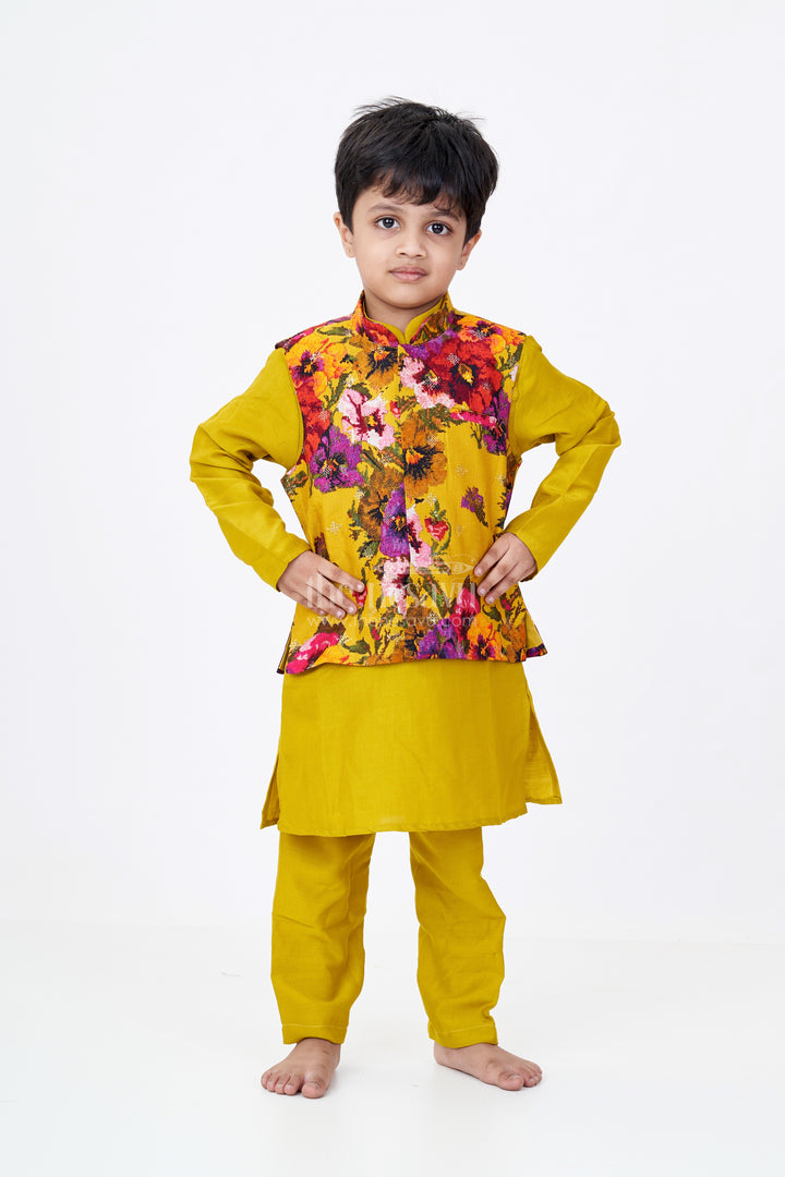 Boys Kurta Pajama and Jacket Set in Viscose Blend with Floral Digital Print and Embroidered Sequins