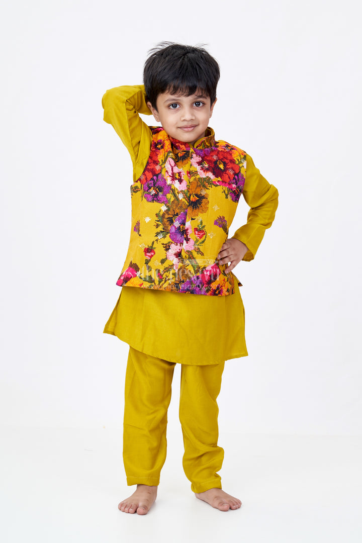 Boys Kurta Pajama and Jacket Set in Viscose Blend with Floral Digital Print and Embroidered Sequins