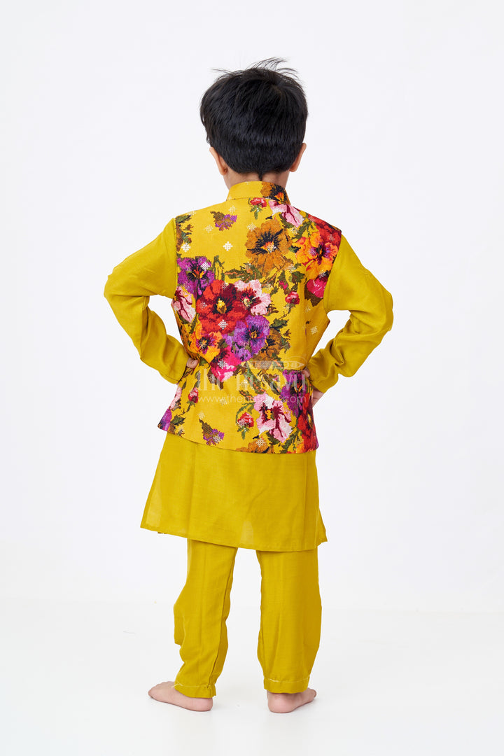 Boys Kurta Pajama and Jacket Set in Viscose Blend with Floral Digital Print and Embroidered Sequins