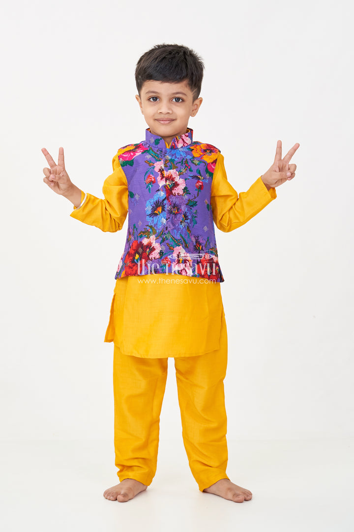 Yellow Kurtha Boys Jacket Set with Vibrant Floral Embroidery Jacket in Viscose Blend and Coordinated Bottoms