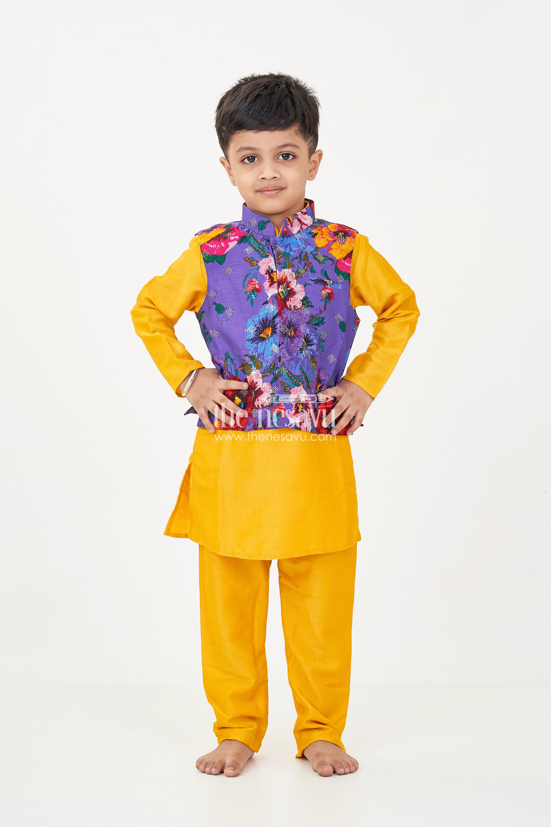 Yellow Kurtha Boys Jacket Set with Vibrant Floral Embroidery Jacket in Viscose Blend and Coordinated Bottoms
