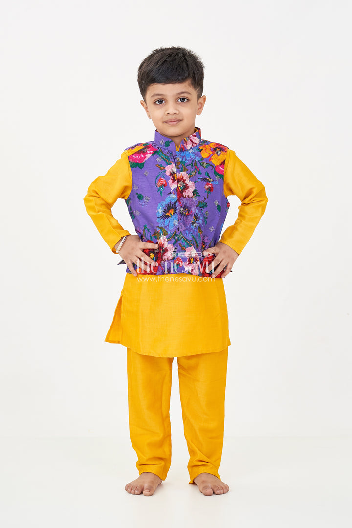 Yellow Kurtha Boys Jacket Set with Vibrant Floral Embroidery Jacket in Viscose Blend and Coordinated Bottoms