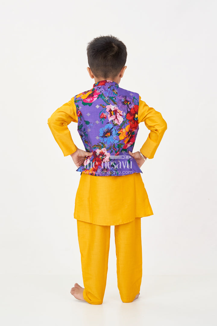 Yellow Kurtha Boys Jacket Set with Vibrant Floral Embroidery Jacket in Viscose Blend and Coordinated Bottoms