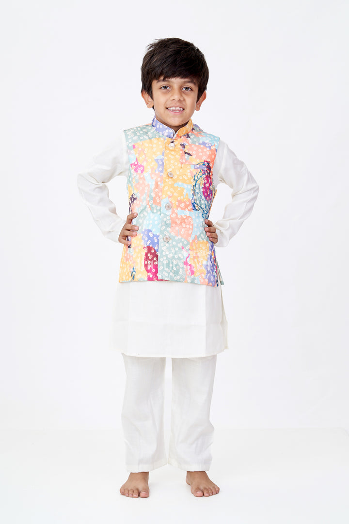 Boys Multicolor Best Kurta Sets with White Silk Blend and Printed Nehru Jacket for Festive Flair