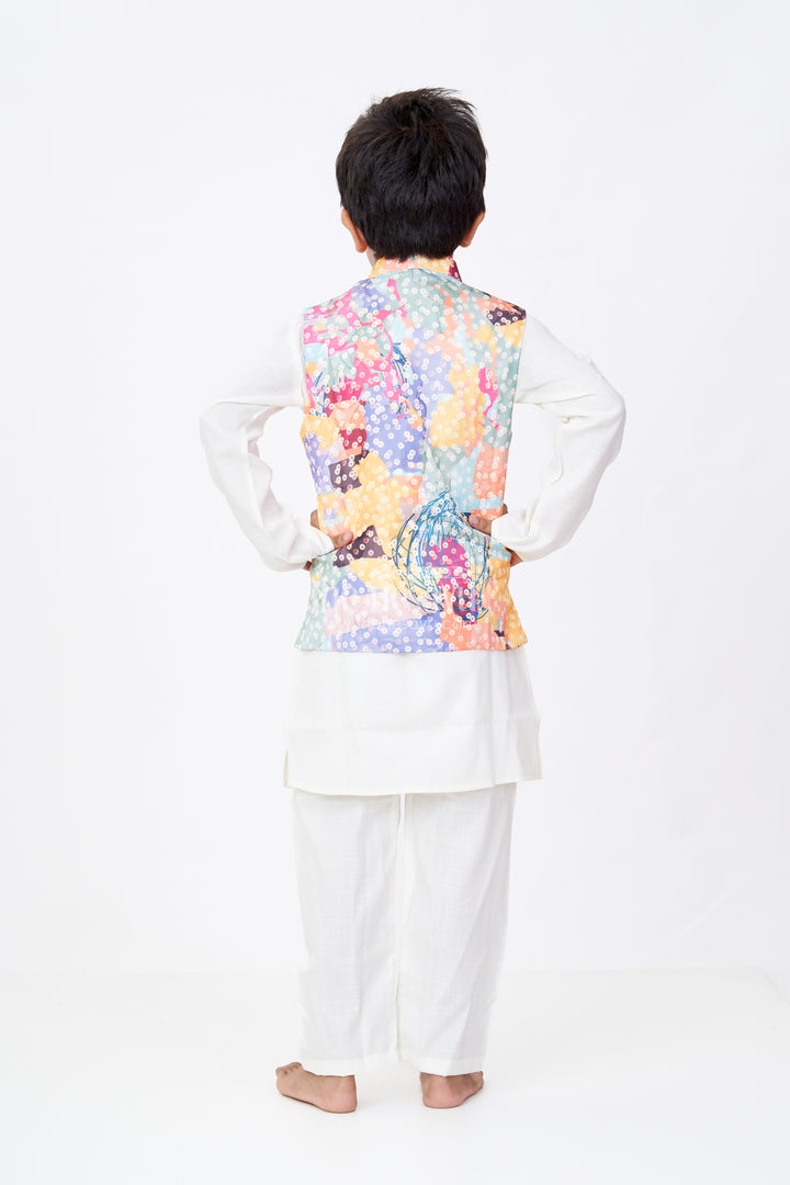 Boys Multicolor Best Kurta Sets with White Silk Blend and Printed Nehru Jacket for Festive Flair