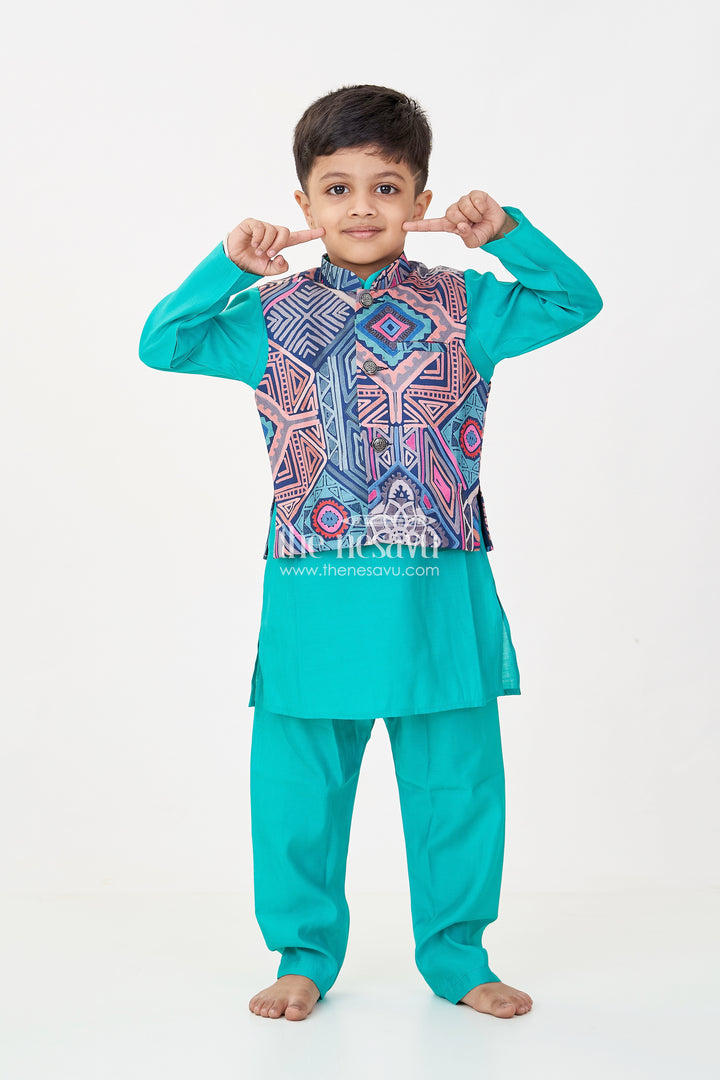 Dark Green Kurtha Boys Jacket Set in Silk Blend with Printed Geometric Jacket and Matching Pants