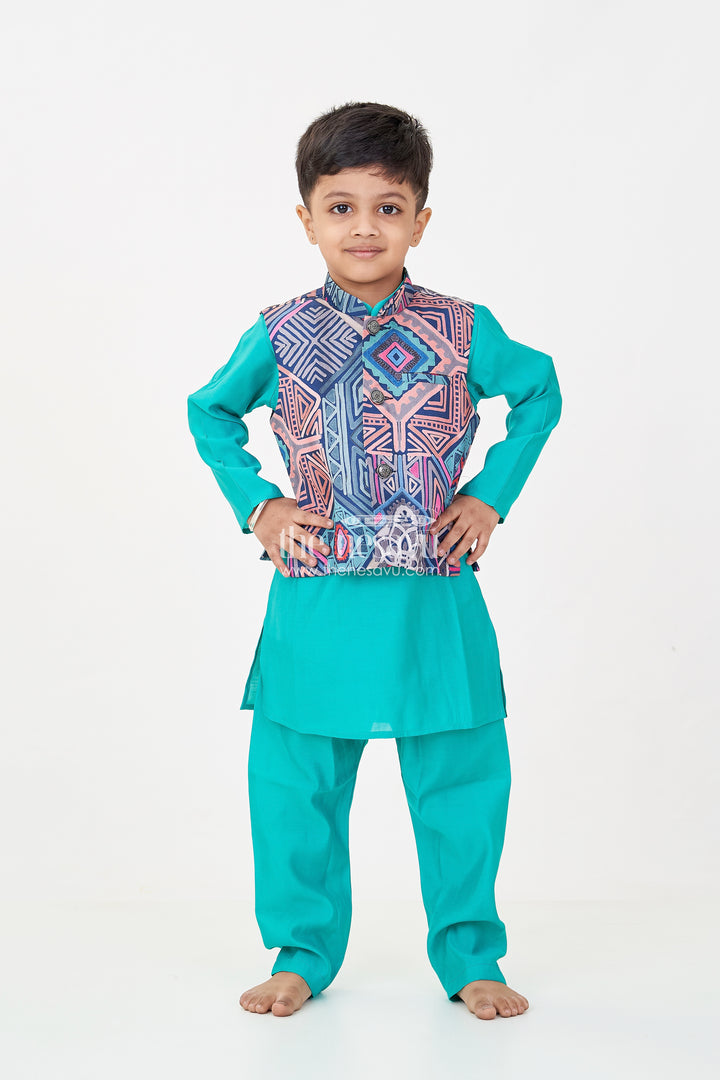 Dark Green Kurtha Boys Jacket Set in Silk Blend with Printed Geometric Jacket and Matching Pants