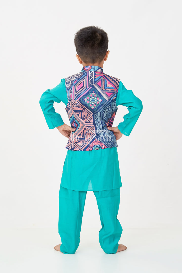 Dark Green Kurtha Boys Jacket Set in Silk Blend with Printed Geometric Jacket and Matching Pants