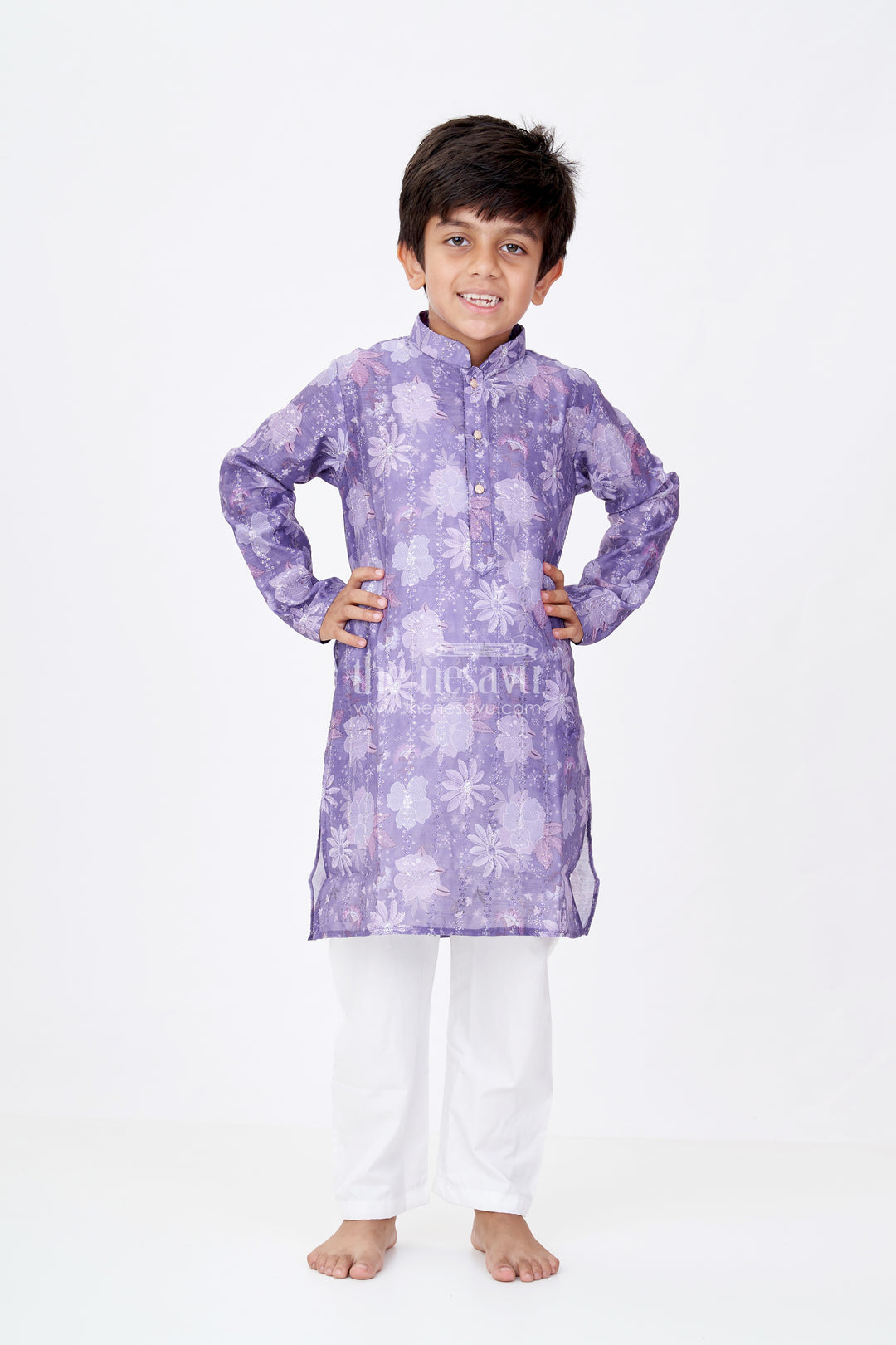 Boys Dark Purple Kurta Set in Silk Cotton with Self Embroidered Floral Digital Print and White Churidar