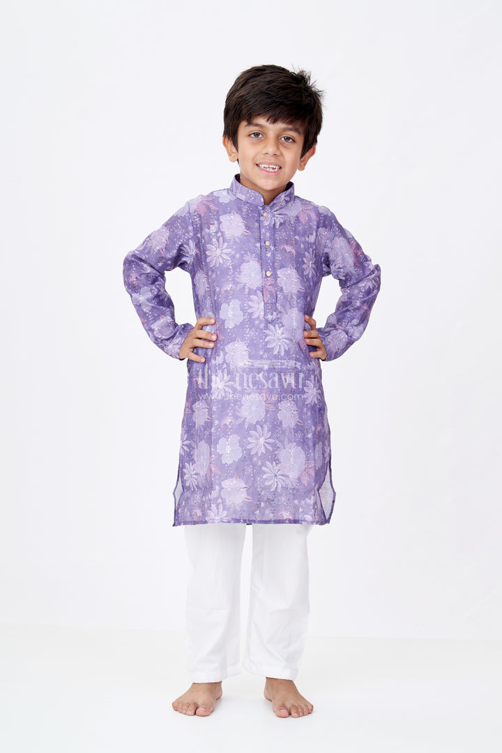 Boys Dark Purple Kurta Set in Silk Cotton with Self Embroidered Floral Digital Print and White Churidar